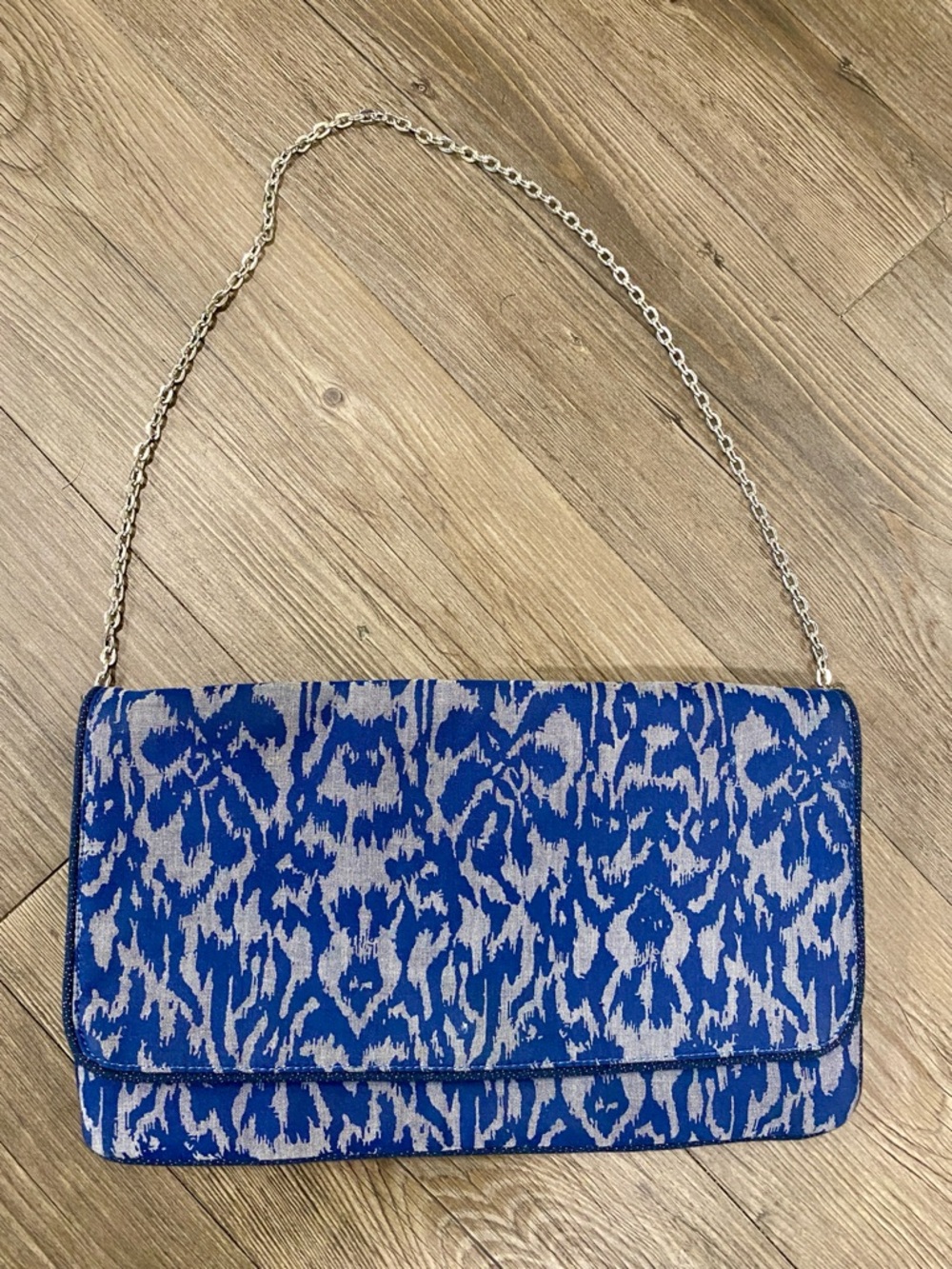 Chico’s Blue Ikat Fabric Chain Clutch with Silver  Removable Chain Strap